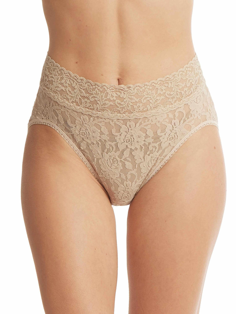 Chai Signature Lace® French Brief - Front View, high-rise scalloped lace waistband, beige lace panties | Hanky Panky
