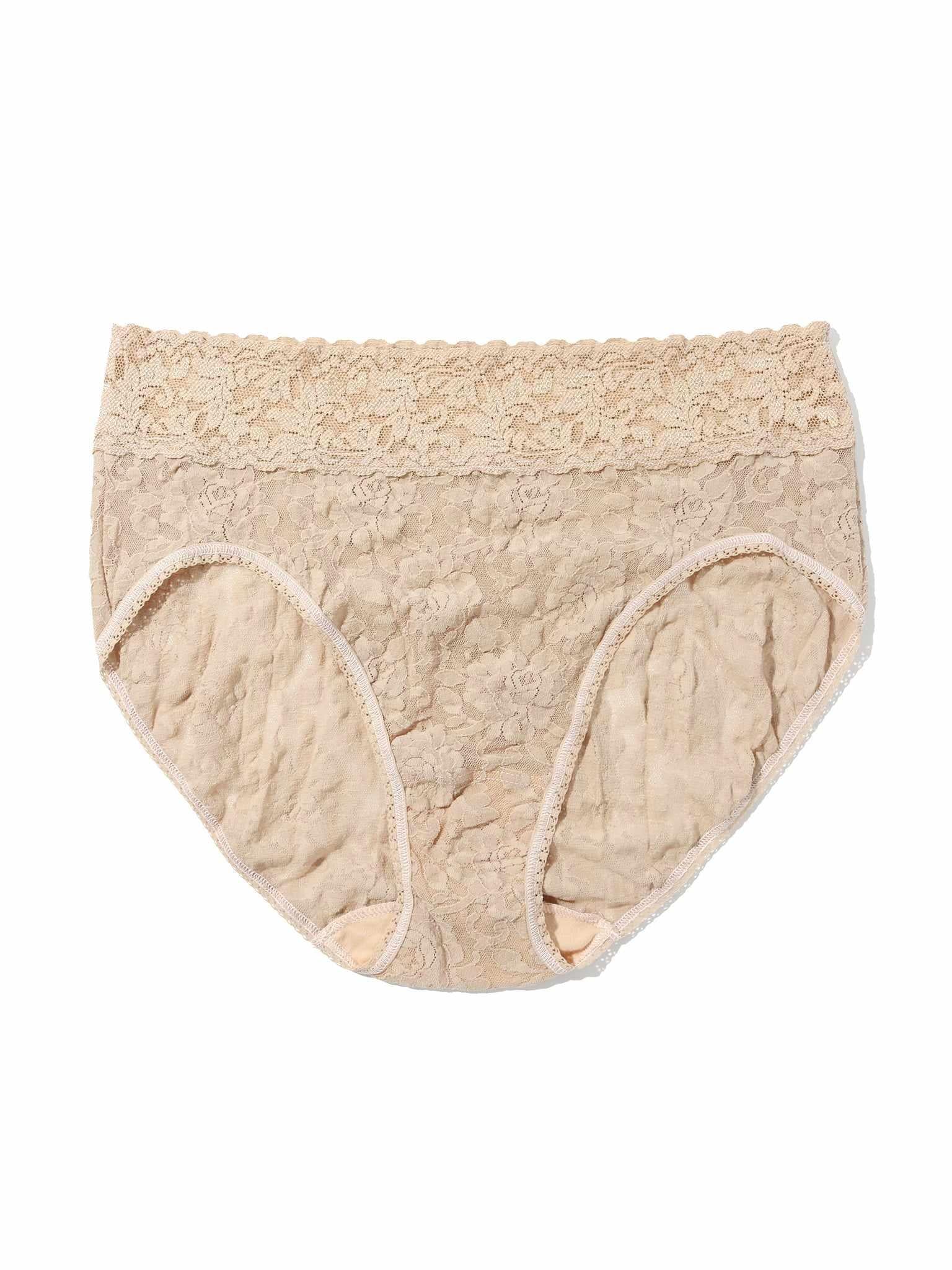 Chai Signature Lace® French Brief - Flat Lay, beige lace french panties interior lining detail | Hanky Panky