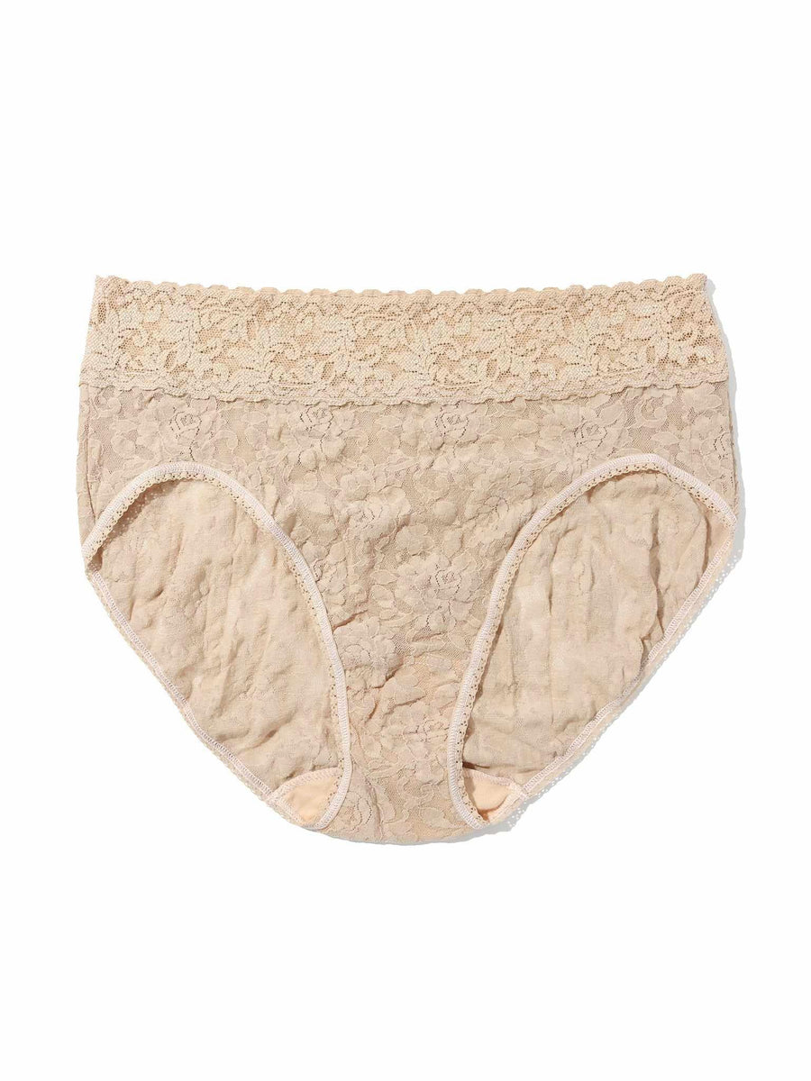 Chai Signature Lace® French Brief - Flat Lay, beige lace french panties interior lining detail | Hanky Panky