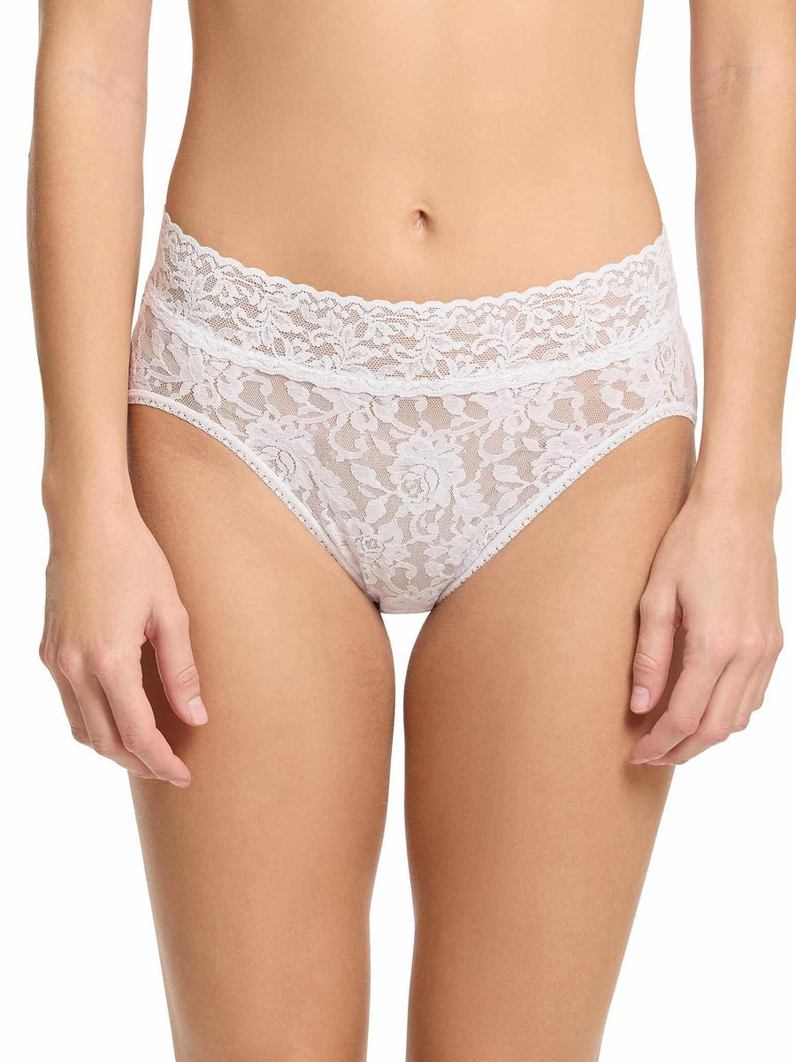 Signature Lace® French Brief White - Front View, High-Hip Floral Lace with Scalloped Waistband On Model | Hanky Panky
