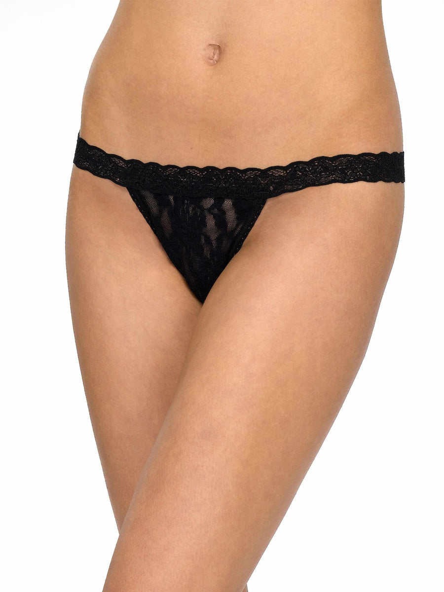 Black Signature Lace® G-String - On Model Front Close-Up Detail, Ultra-Low Rise Lace | Hanky Panky