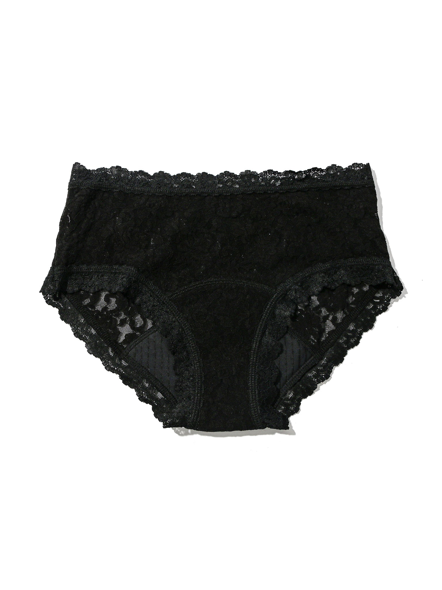 Black Signature Lace® Leakproof Boyshort Flat Lay - Absorbent Gusset & Scalloped Lace Detail | Hanky Panky
