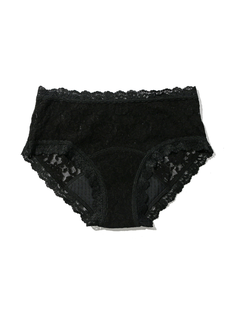 Black Signature Lace® Leakproof Boyshort Flat Lay - Absorbent Gusset & Scalloped Lace Detail | Hanky Panky