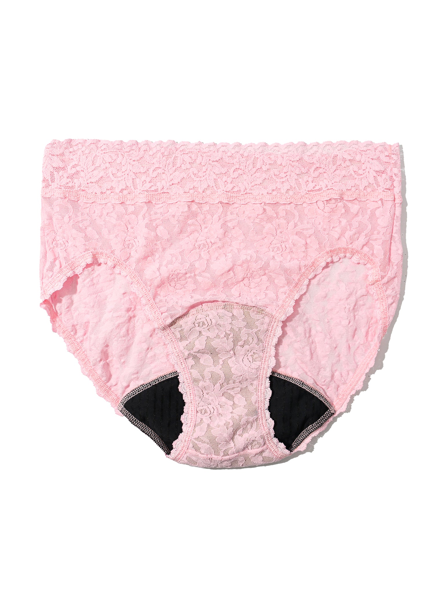 Bliss Pink Signature Lace® Leakproof French Brief flat lay showing absorbent black gusset detail | Hanky Panky