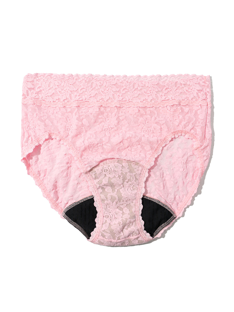 Bliss Pink Signature Lace® Leakproof French Brief flat lay showing absorbent black gusset detail | Hanky Panky