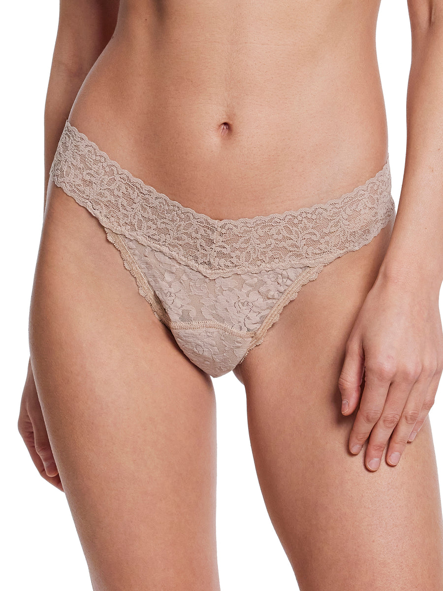 Chai Signature Lace® Leakproof Original Rise Thong - Front On-Model, V-Waistband & Comfortable Lace Thong Detail | Hanky Panky