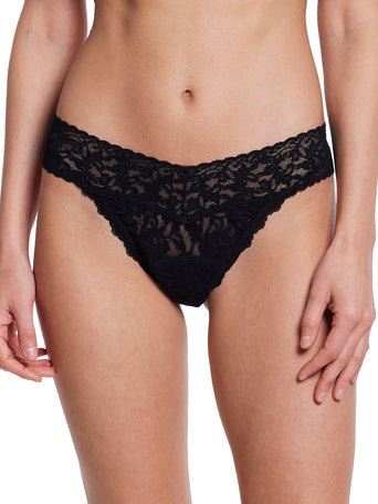 Black Signature Lace® Leakproof Original Rise Thong - Front View On Model, V-Waistband Lace Thong | Hanky Panky