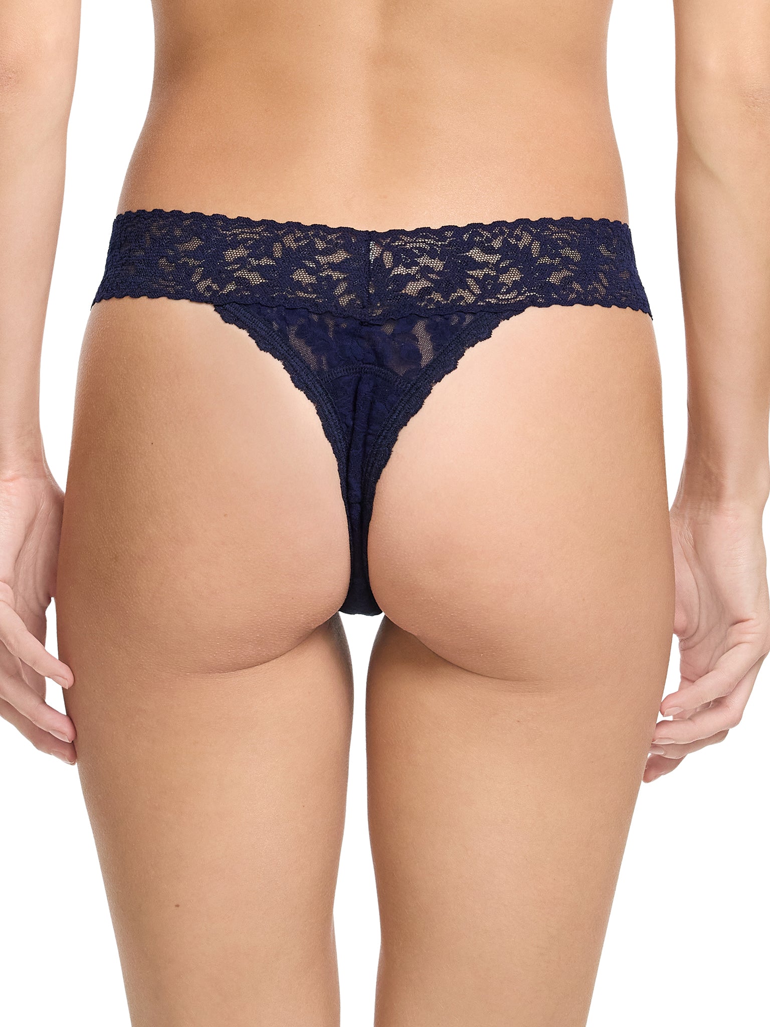 Navy Signature Lace® Leakproof Original Rise Thong - Back On-Model View | Hanky Panky