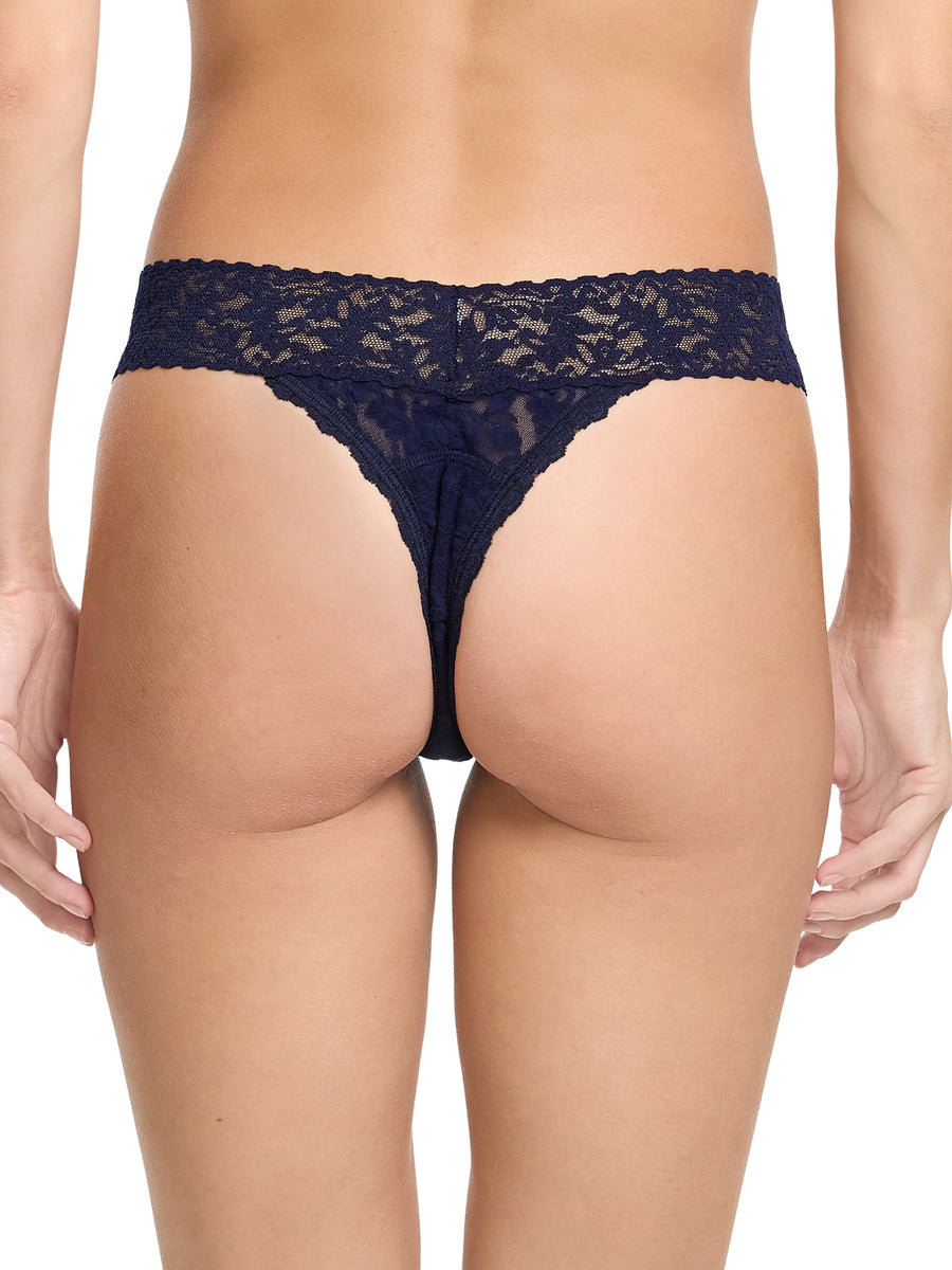 Navy Signature Lace® Leakproof Original Rise Thong - Back On-Model View | Hanky Panky
