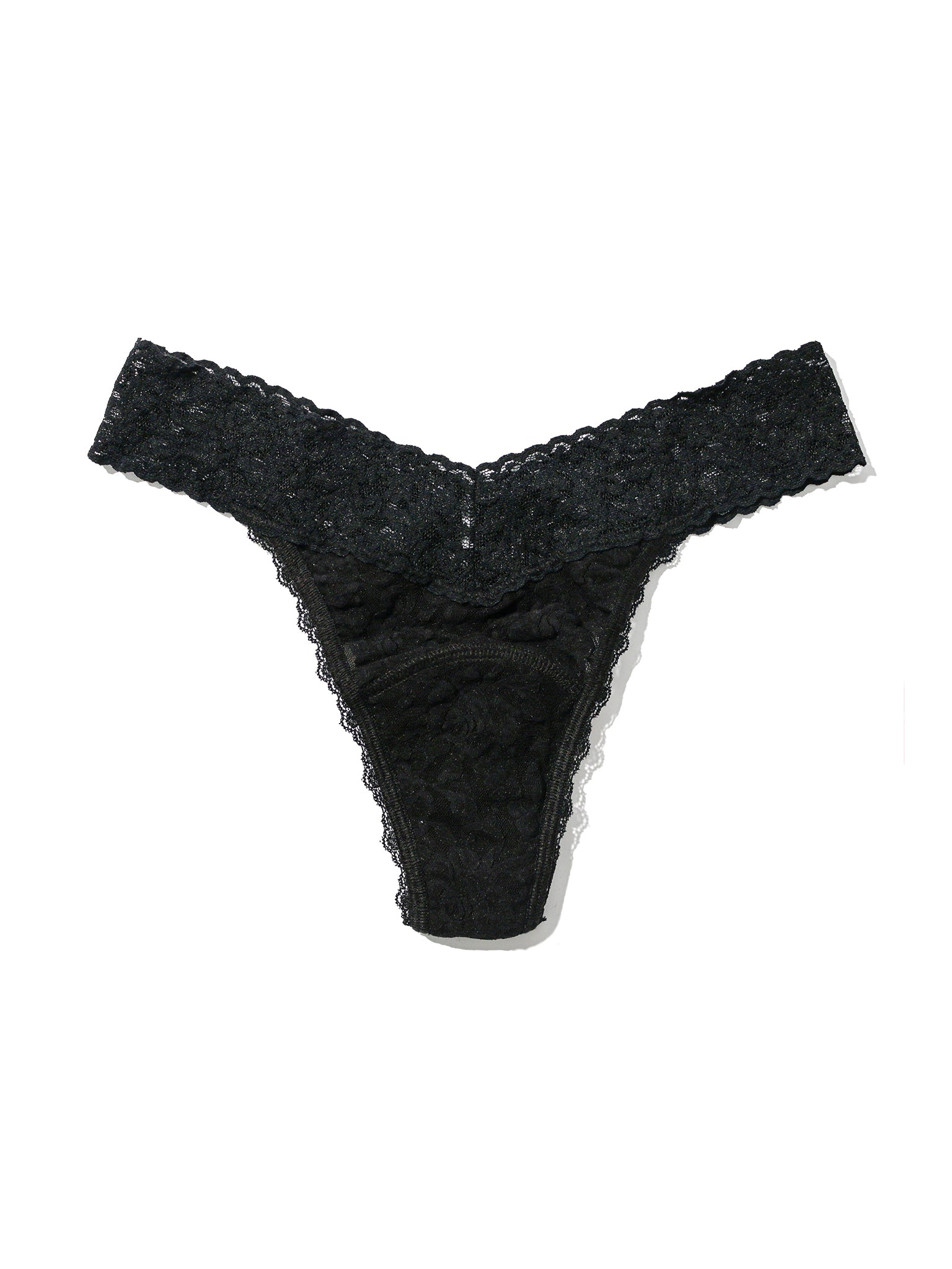 Black Signature Lace® Leakproof Original Rise Thong - Flat Lay, Scalloped V-Waistband & Leakproof Gusset Detail | Hanky Panky