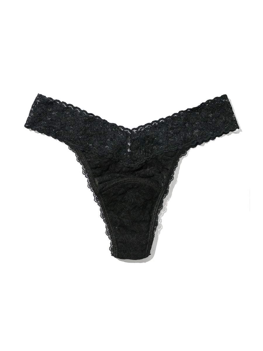 Black Signature Lace® Leakproof Original Rise Thong - Flat Lay, Scalloped V-Waistband & Leakproof Gusset Detail | Hanky Panky