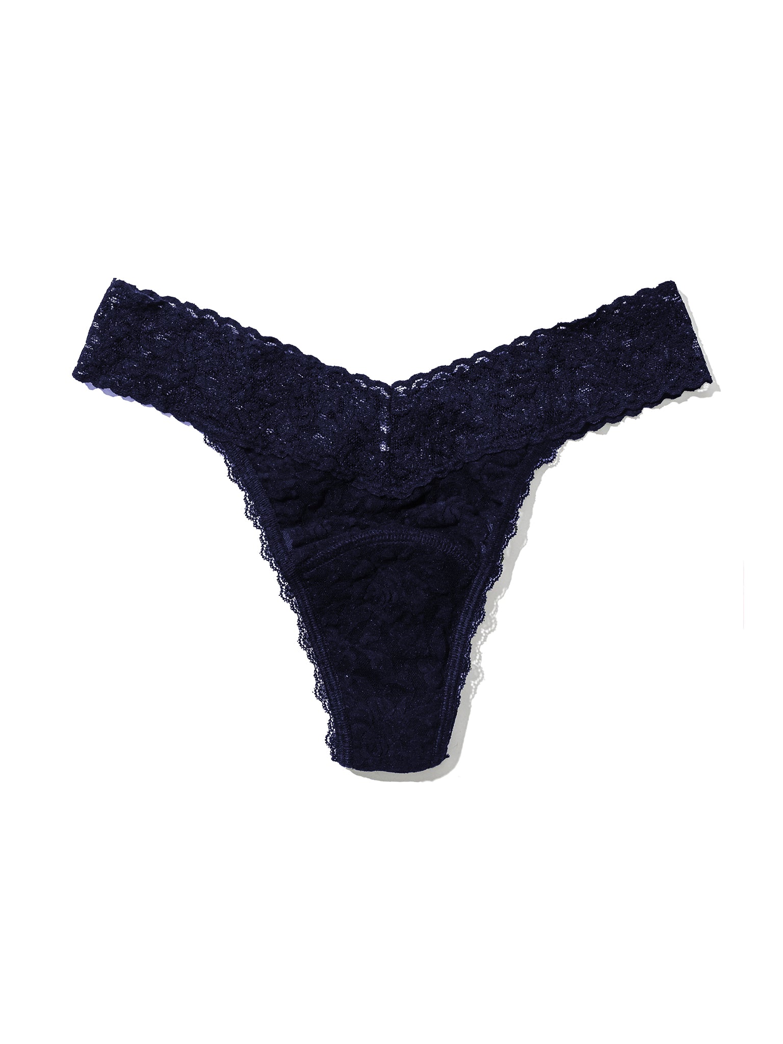 Navy Blue Lace Leakproof Original Rise Thong - Flat Lay, V-Front Waistband Detail | Hanky Panky