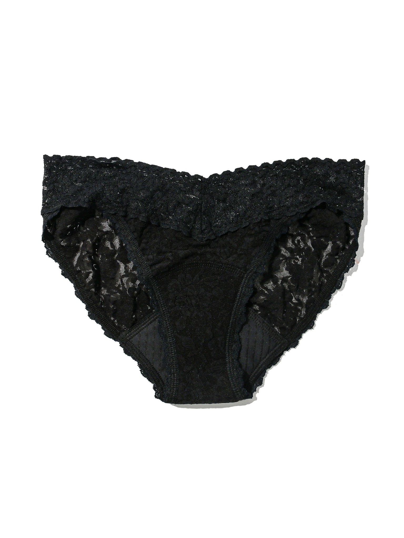 Black Signature Lace® Leakproof V-Kini Flat Lay Showing Absorbent Gusset Detail | Hanky Panky