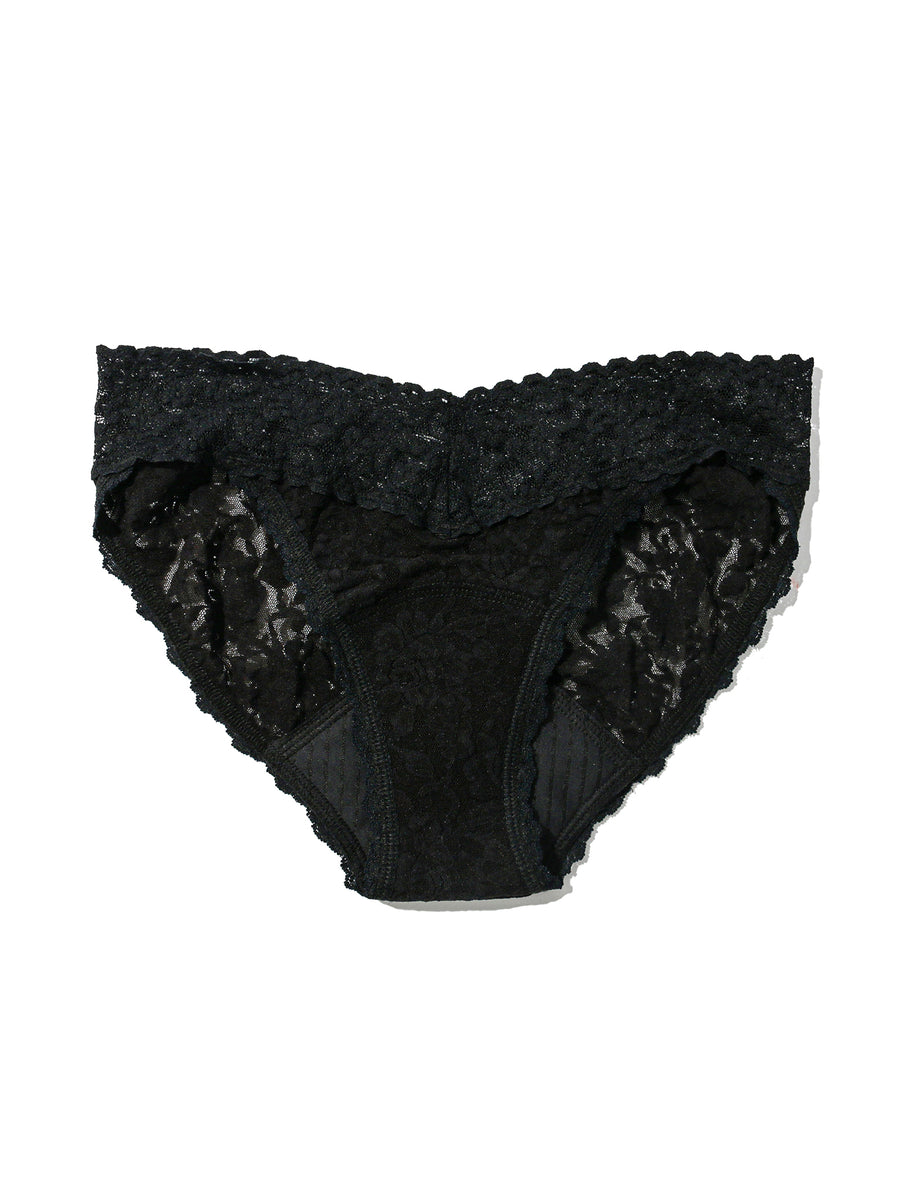 Black Signature Lace® Leakproof V-Kini Flat Lay Showing Absorbent Gusset Detail | Hanky Panky