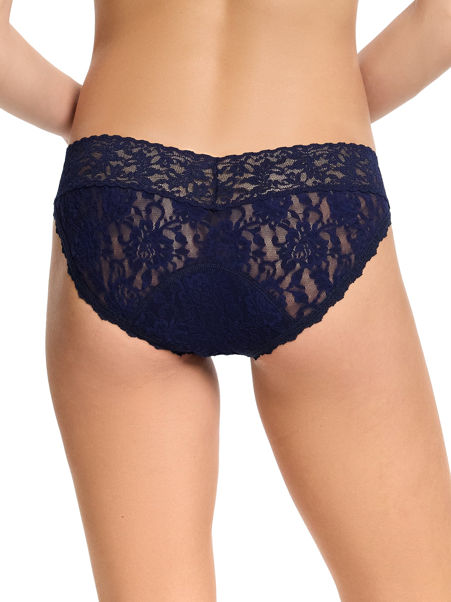 Navy Signature Lace® Leakproof V-Kini - Back View On Model | Hanky Panky