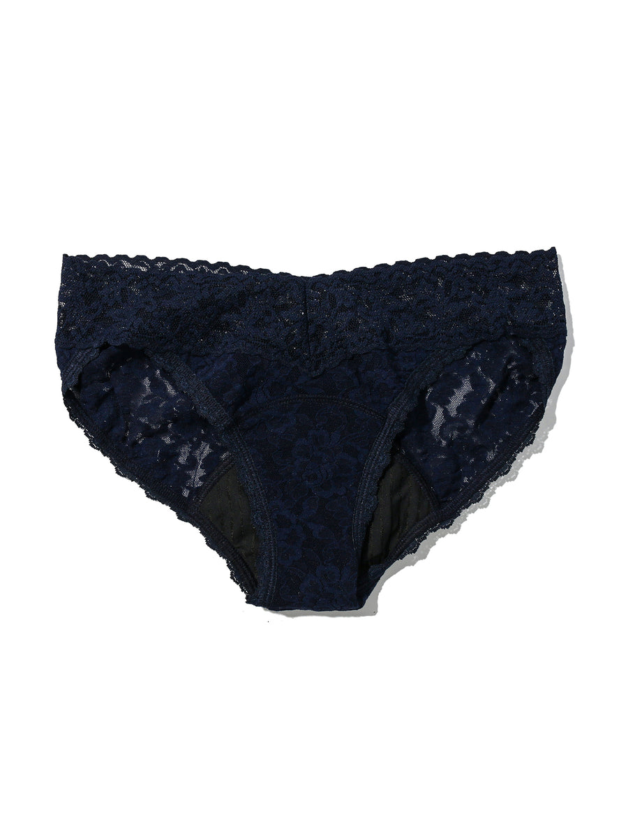 Navy Signature Lace® Leakproof V-Kini Flat Lay Showing Absorbent Gusset | Hanky Panky