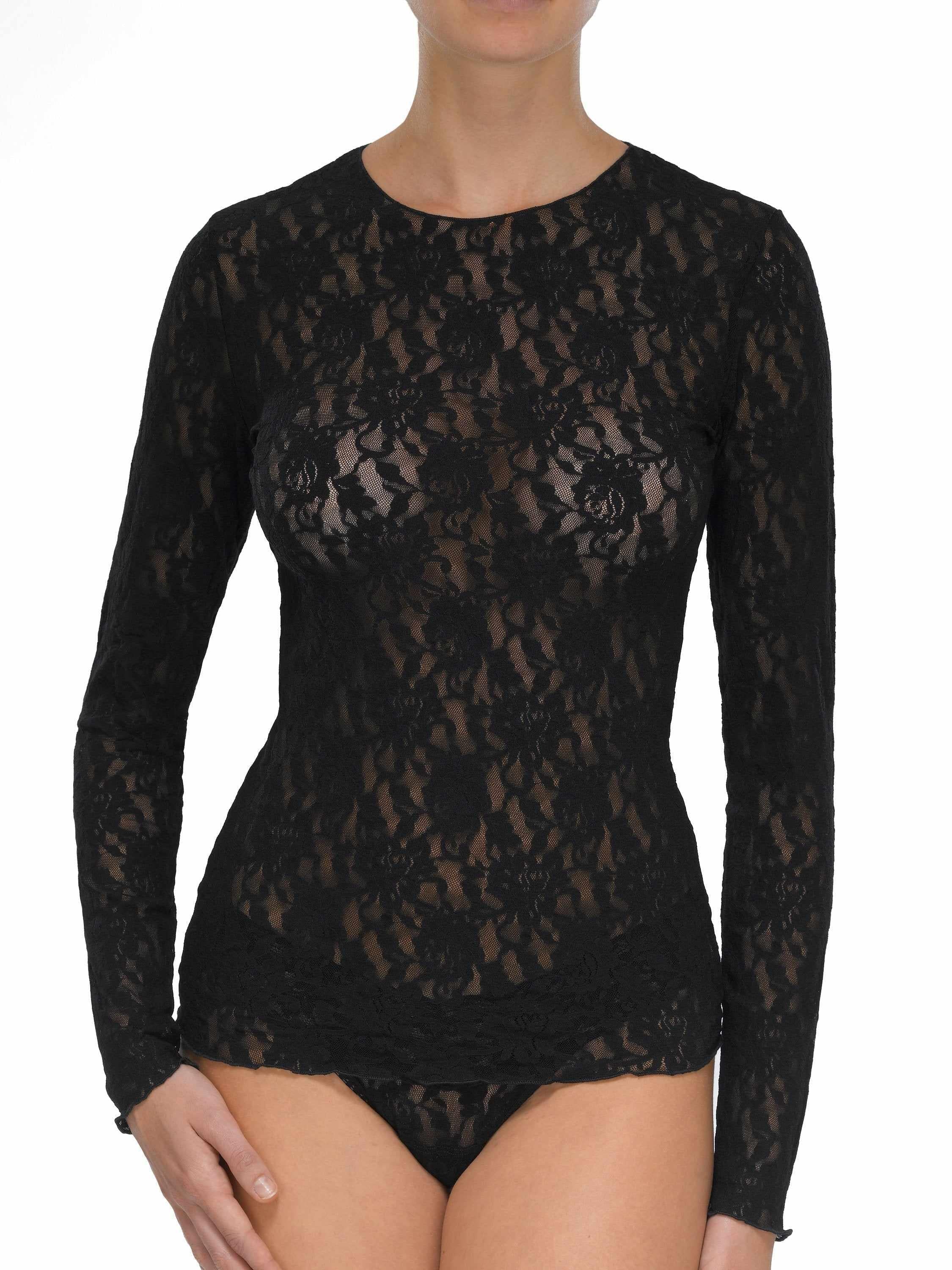 Black Signature Lace Long Sleeve Top - Front View On Model, Sheer Floral Lace | Hanky Panky