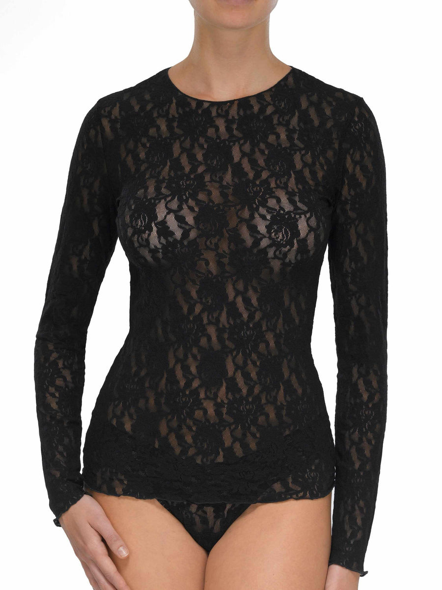 Black Signature Lace Long Sleeve Top - Front View On Model, Sheer Floral Lace | Hanky Panky