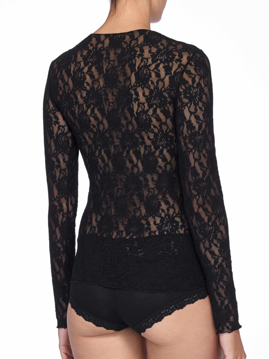 Black Signature Lace Long Sleeve Top - Back View On Model, Sheer Lace Detail | Hanky Panky