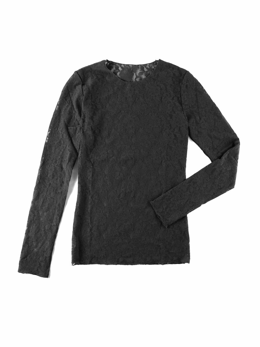Black Signature Lace Long Sleeve Top - Flat Lay, Floral Lace Texture Detail | Hanky Panky