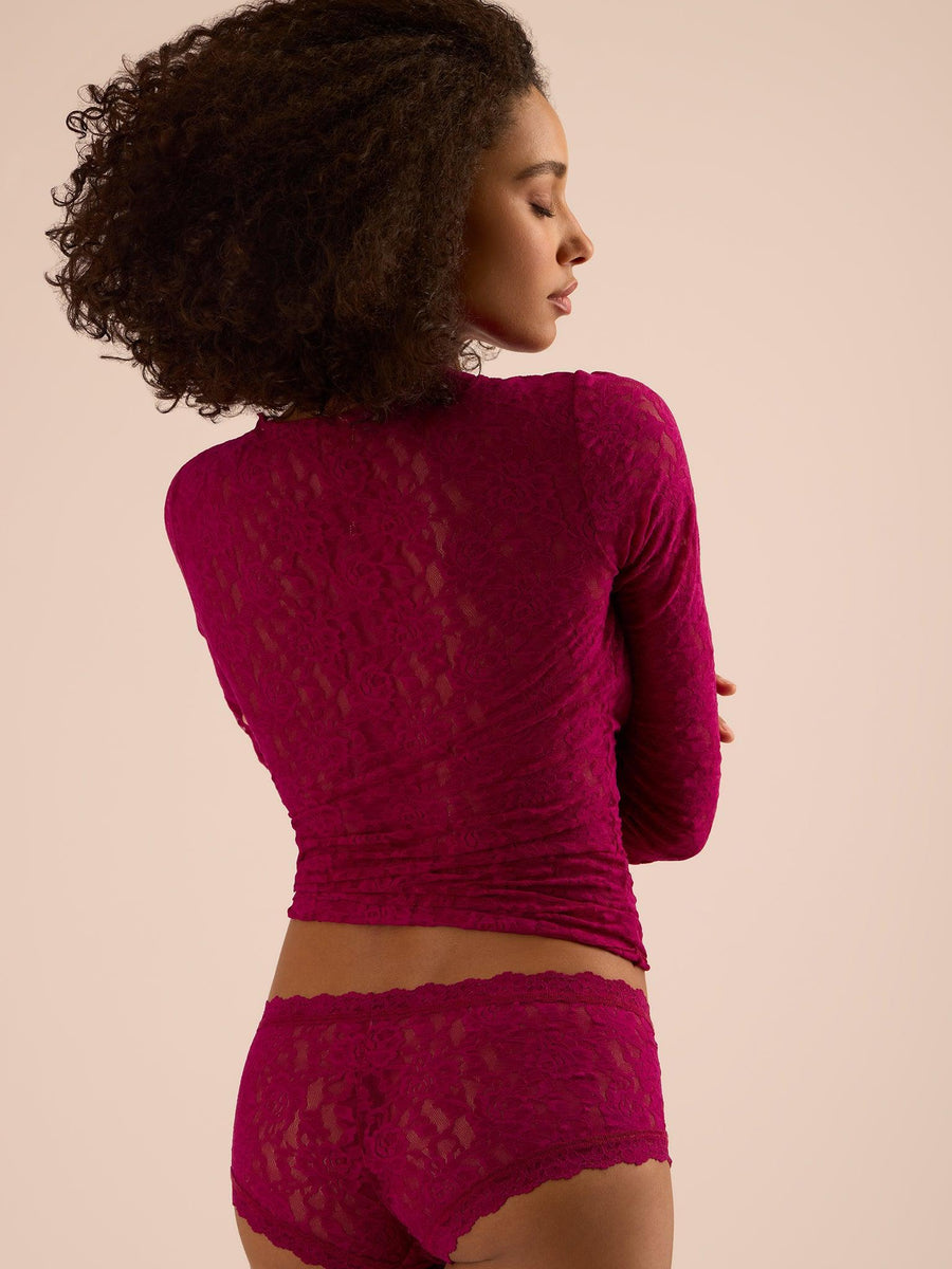 Vine Red Signature Lace® Long Sleeve Top - Back On Model, Sheer Stretch Lace Detail | Hanky Panky