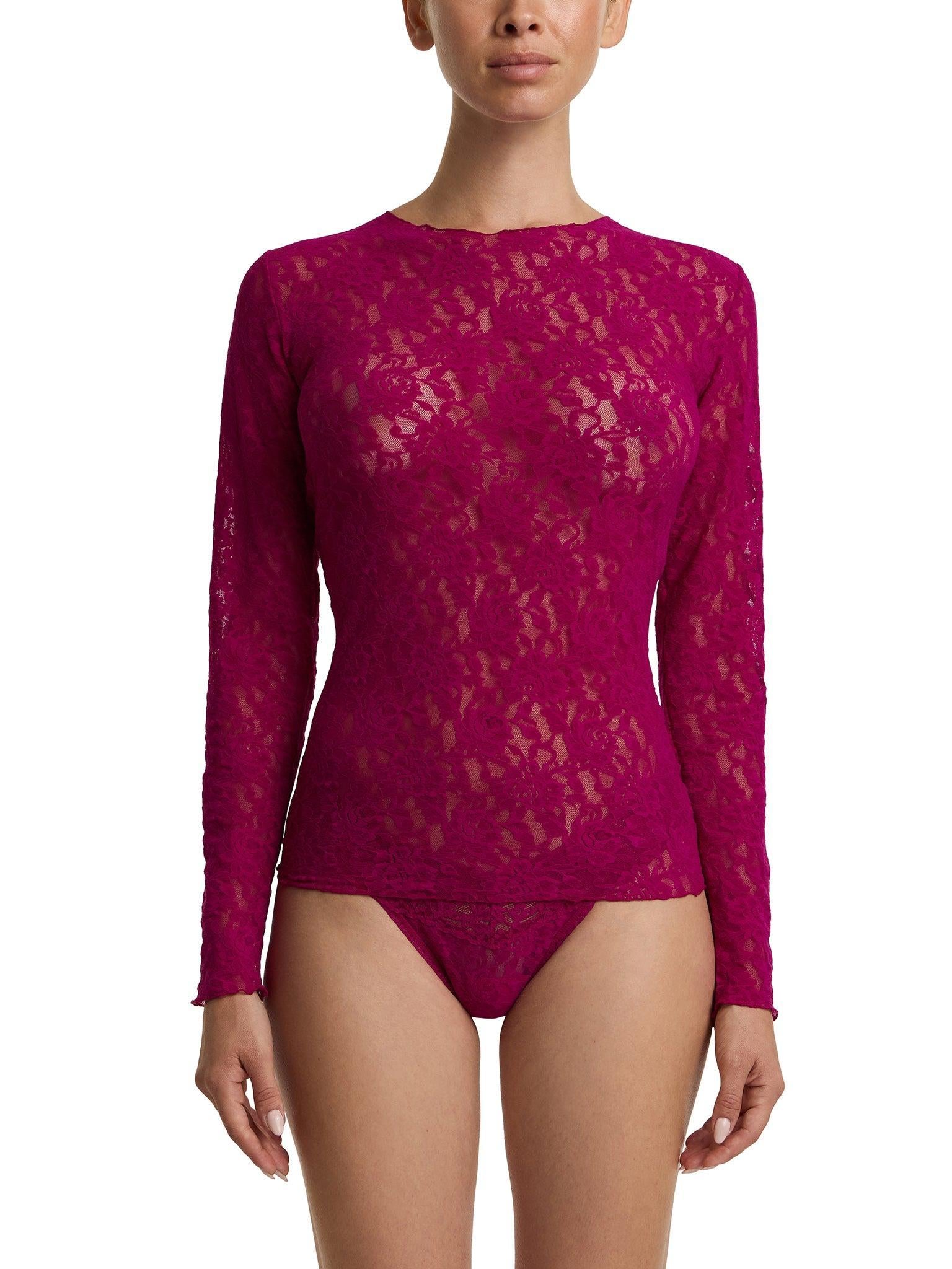 Vine Red Signature Lace® Long Sleeve Top - Sheer Floral Lace Front View On Model, Womens Lace Top | Hanky Panky