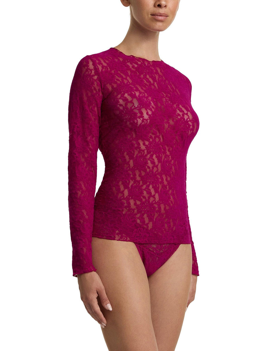 Vine Red Signature Lace® Long Sleeve Top - Three-Quarter Side Angle On Model, Womens Lace Top | Hanky Panky