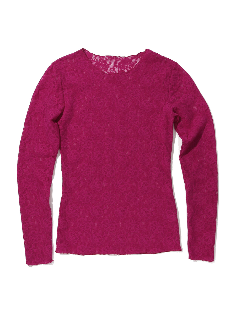 Vine Red Signature Lace® Long Sleeve Top - Flat Lay, Rose Floral Stretch Lace Fabric Detail | Hanky Panky