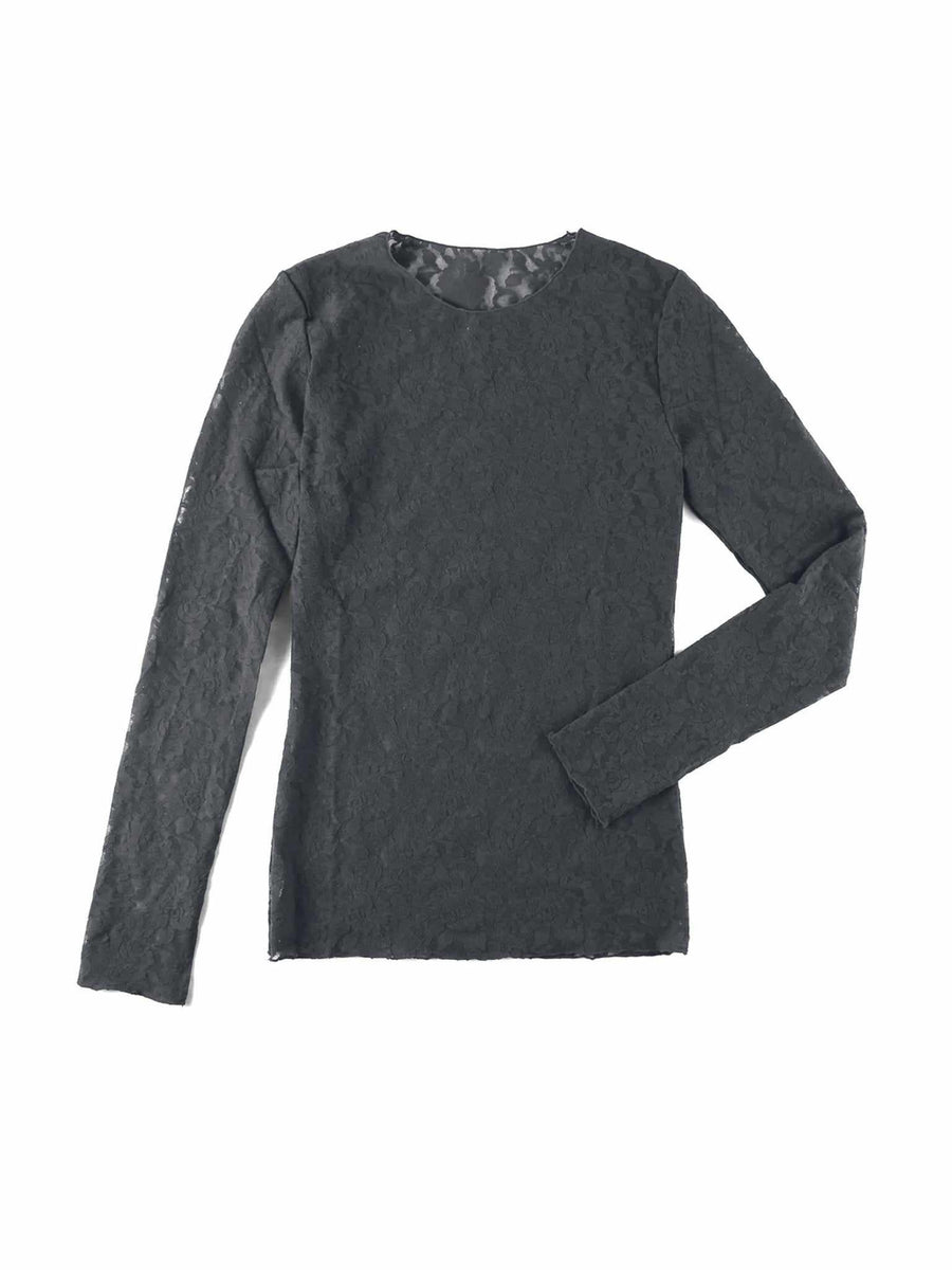 Granite Grey Signature Lace® Long Sleeve Top - Flat Lay Front View | Hanky Panky
