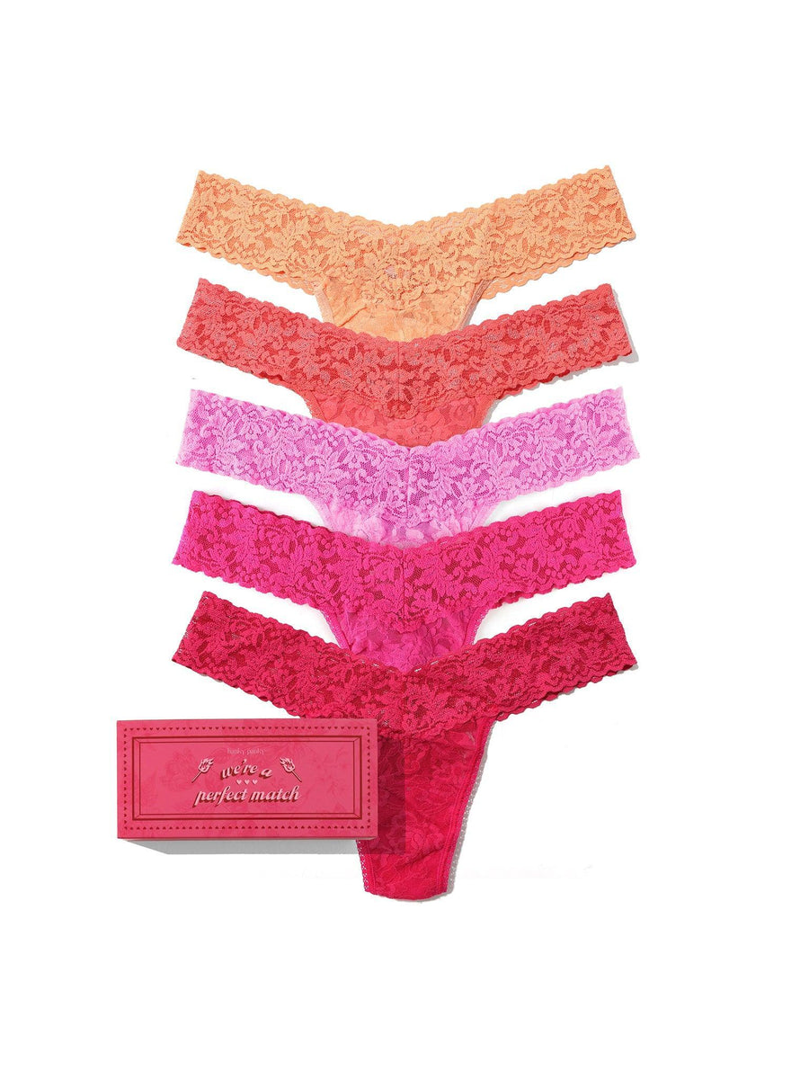 Signature Lace® Low Rise Thong 5-Pack in coral-to-berry pinks with gift matchbox - Flat Lay | Hanky Panky