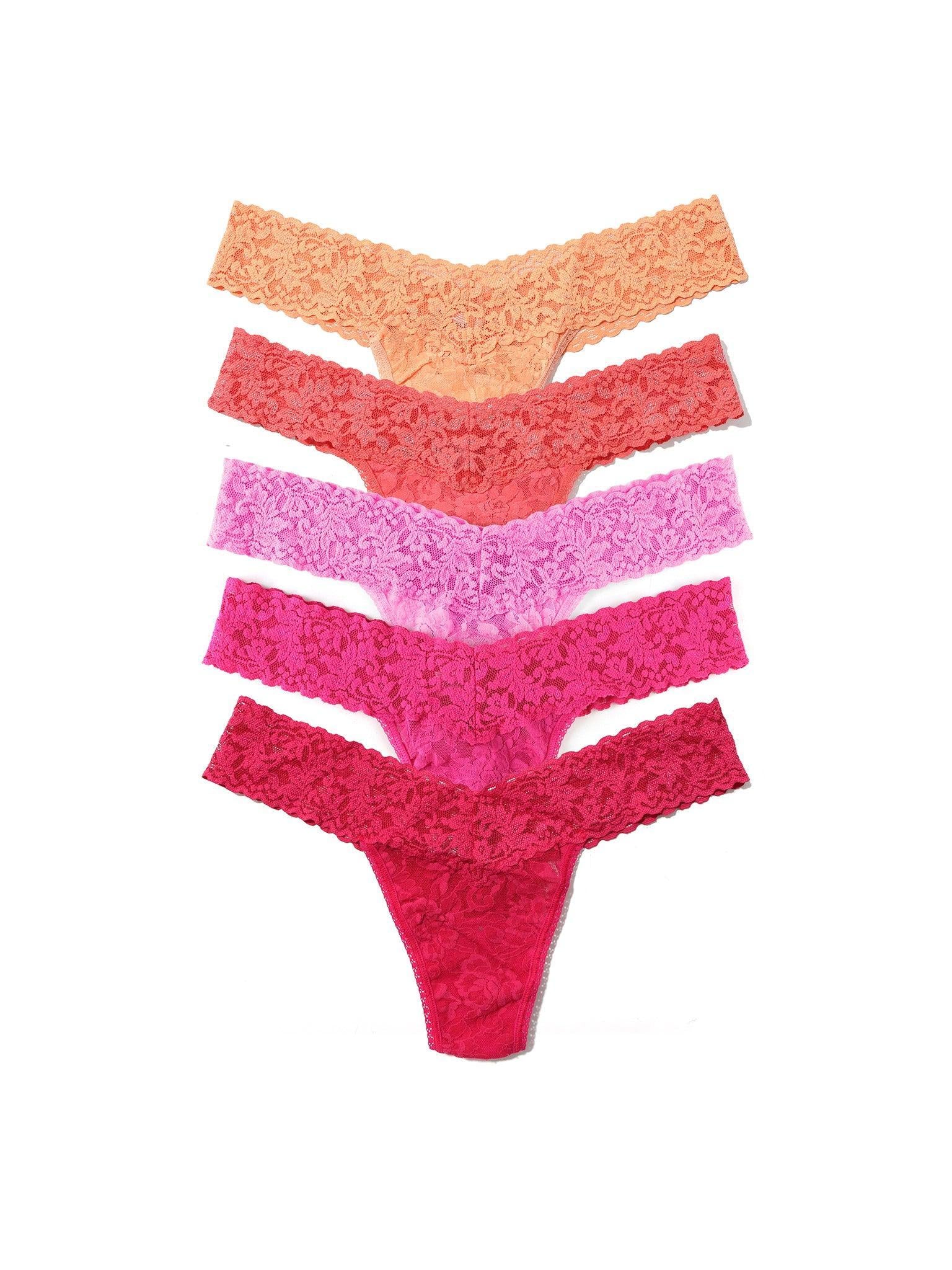 Signature Lace® Low Rise Thong 5-Pack in peach, coral, lilac, hot pink, berry - Flat Lay | Hanky Panky