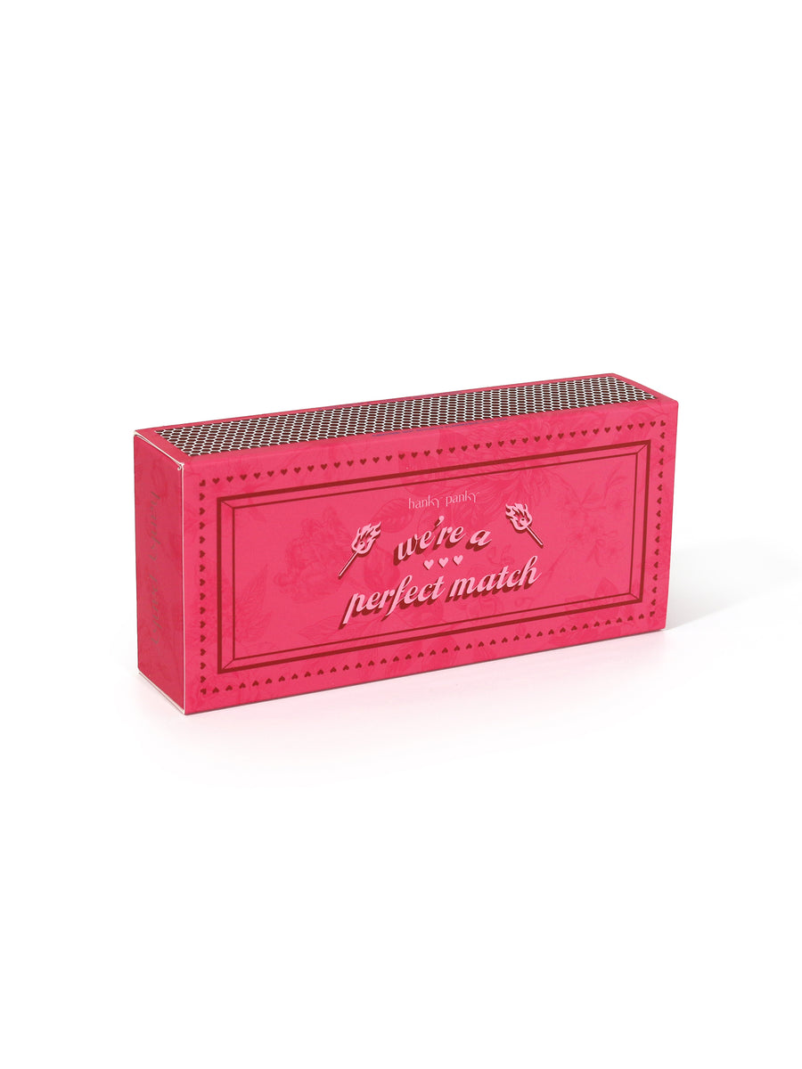 Pink matchbox gift packaging reading 'we're a perfect match' for Signature Lace® lace thong 5-pack | Hanky Panky