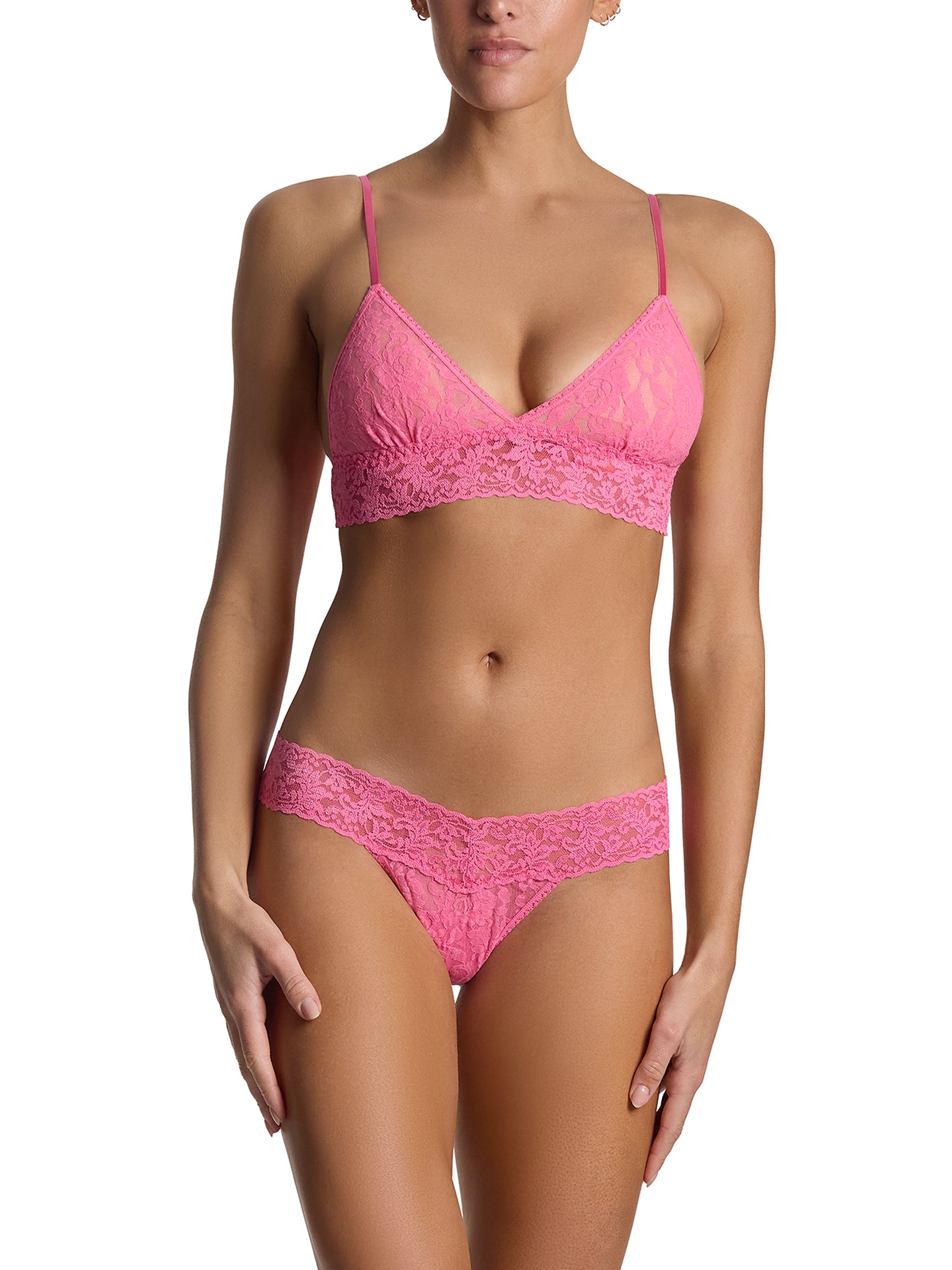 Amused Pink Signature Lace® Low Rise Thong - Front On-Model with Matching Bralette | Hanky Panky