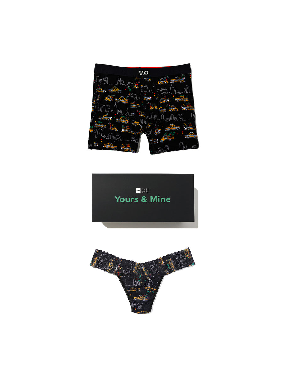 Black Holiday Print Matching Underwear Set - SAXX Boxer Brief & Signature Lace® Thong Flat Lay | Hanky Panky
