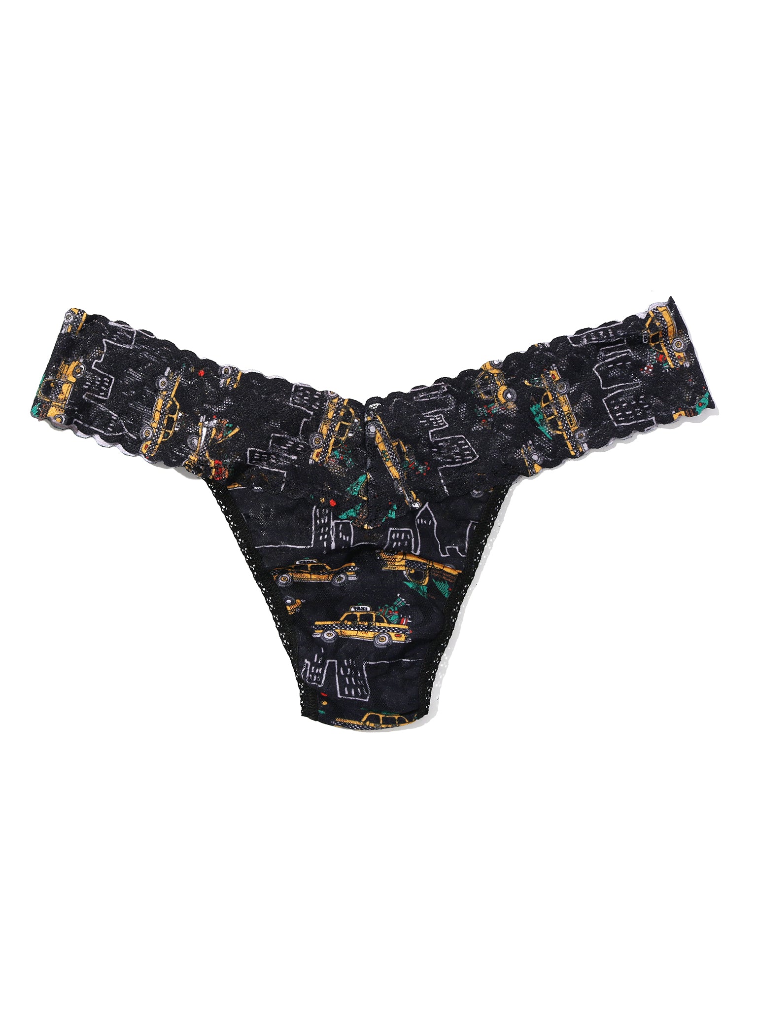 Black Holiday Print Signature Lace® Low Rise Thong - Flat Lay Front View | Hanky Panky