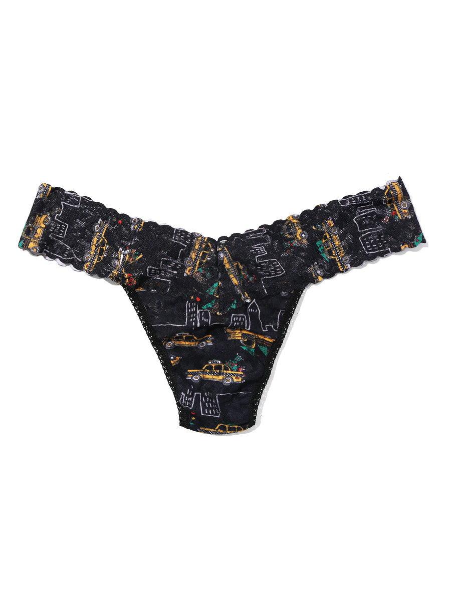 Black Holiday Print Signature Lace® Low Rise Thong - Flat Lay Front View | Hanky Panky