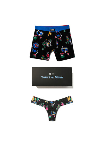 Hanky Panky x SAXX Yours & Mine matching underwear set - Island Holiday Black print, flat lay | Hanky Panky