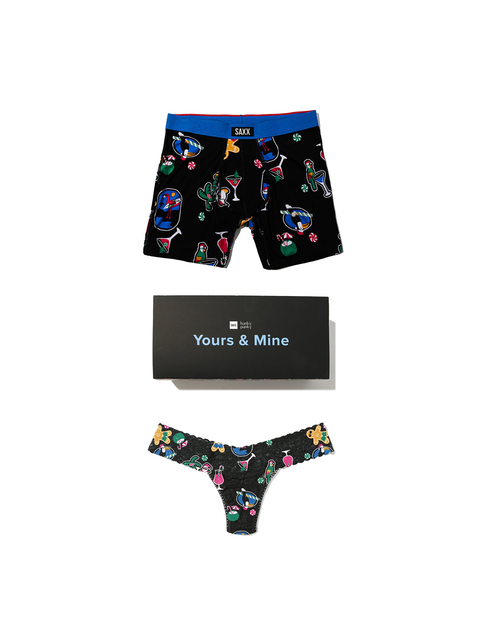 Hanky Panky x SAXX Yours & Mine matching underwear set - Island Holiday Black print, flat lay | Hanky Panky