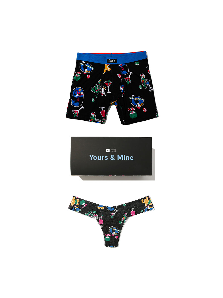 Hanky Panky x SAXX Yours & Mine matching underwear set - Island Holiday Black print, flat lay | Hanky Panky