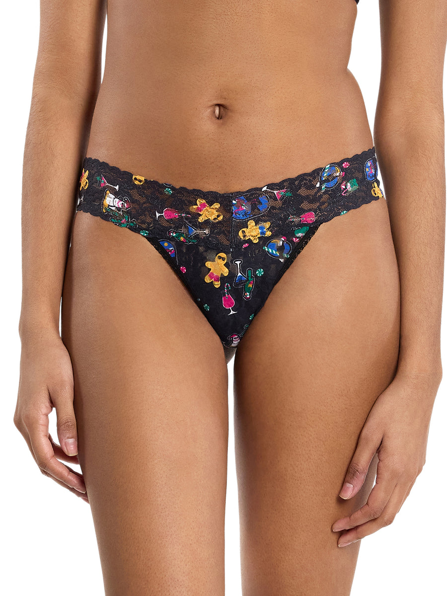 Black Signature Lace® Low Rise Thong in Island Holiday print - On Model Front View | Hanky Panky