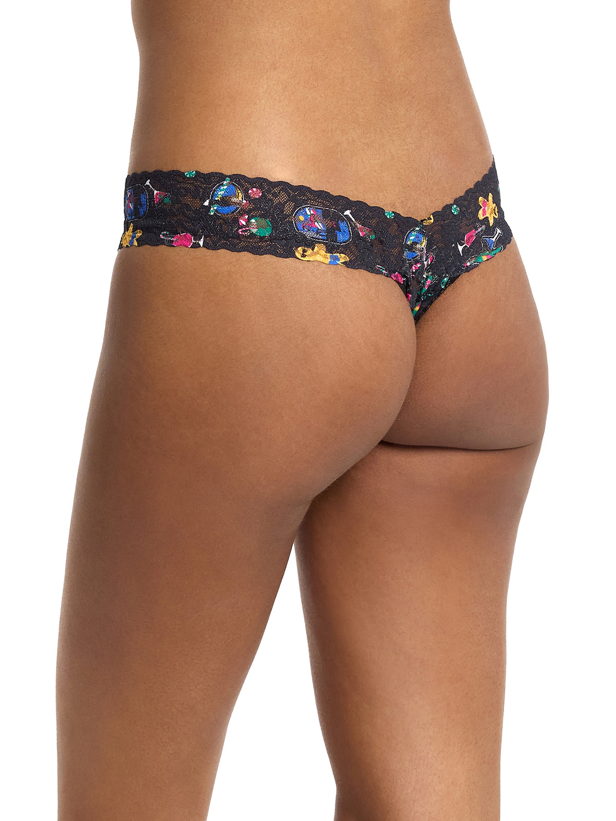 Black Signature Lace® Low Rise Thong Island Holiday print - On Model Side Angle, holiday lace thong | Hanky Panky