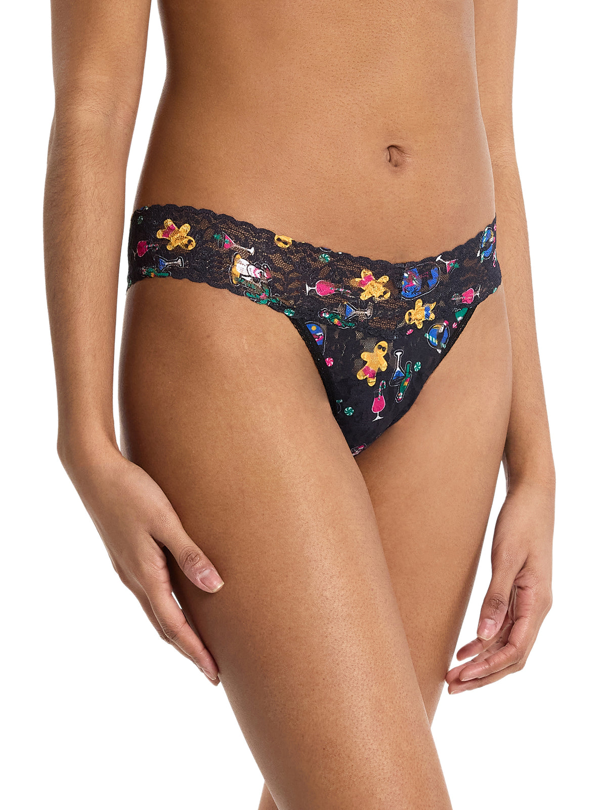 Black Signature Lace® Low Rise Thong Island Holiday print - On Model Front Angle, lace thong detail | Hanky Panky