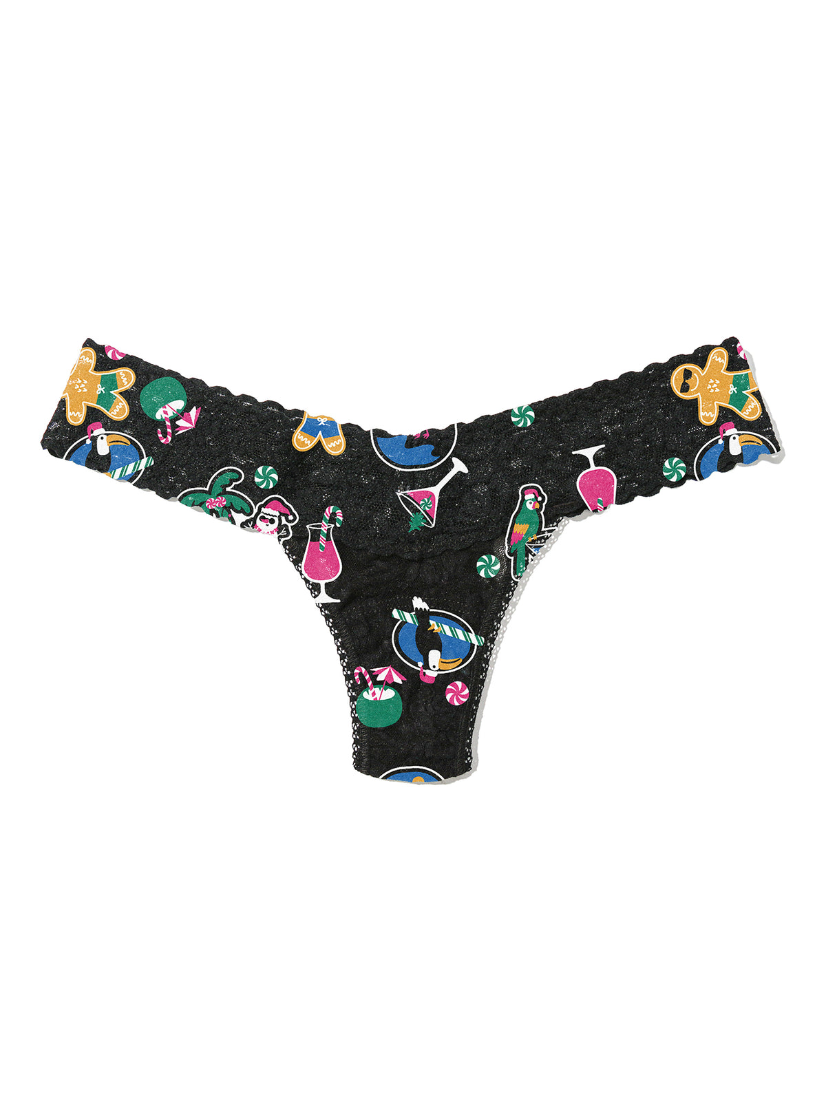 Black Signature Lace® Low Rise Thong Island Holiday - Flat Lay, holiday print lace thong | Hanky Panky