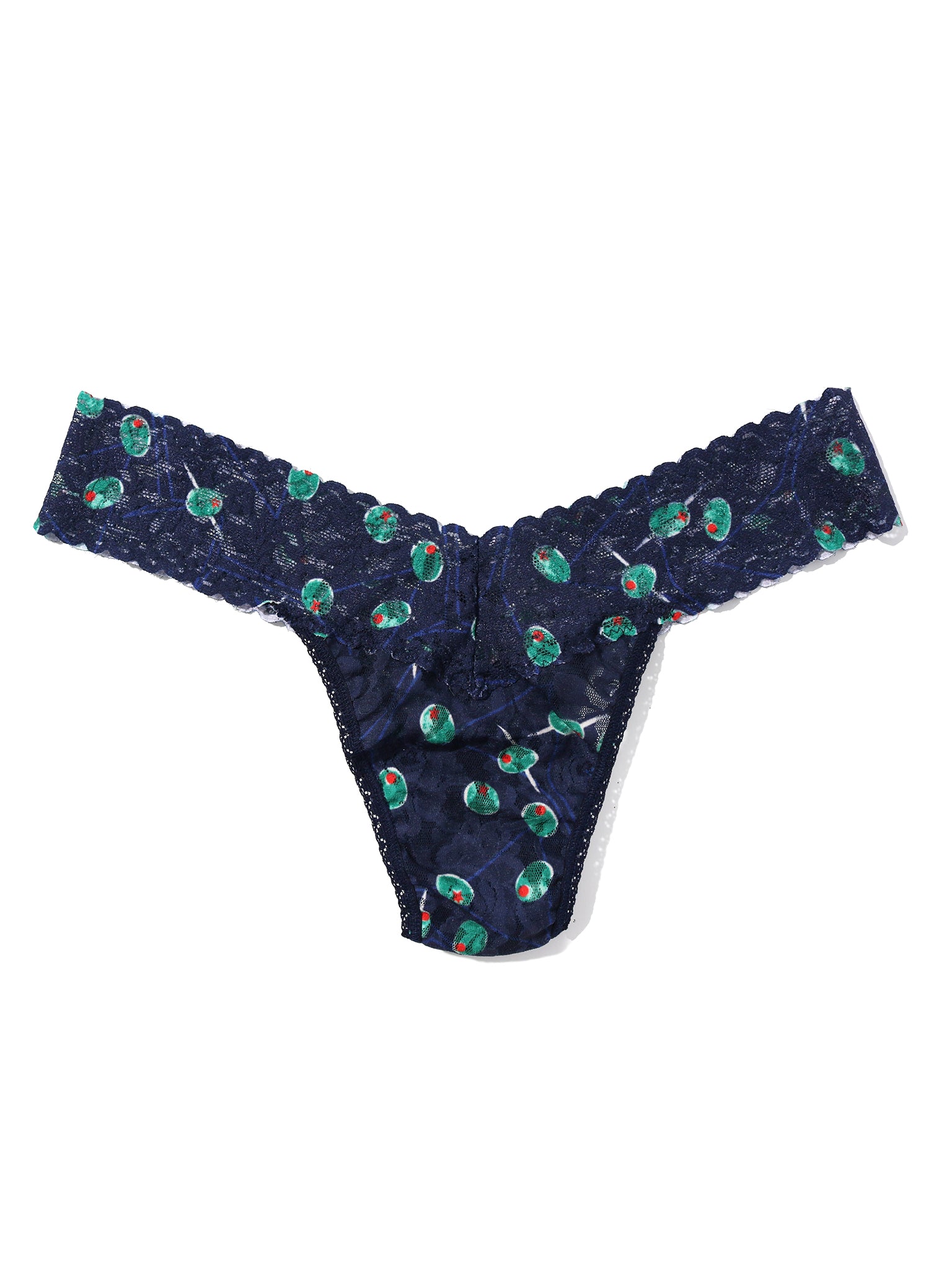 Navy blue lace thong with green floral patterns on a white background