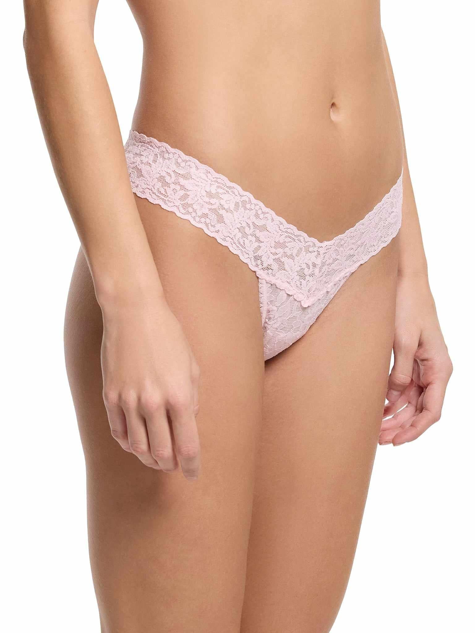 Bliss Pink Signature Lace® Low Rise Thong - Side View On Model, Low Rise Lace Thong Women | Hanky Panky