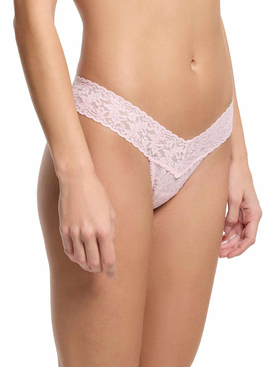 Bliss Pink Signature Lace® Low Rise Thong - Side View On Model, Low Rise Lace Thong Women | Hanky Panky