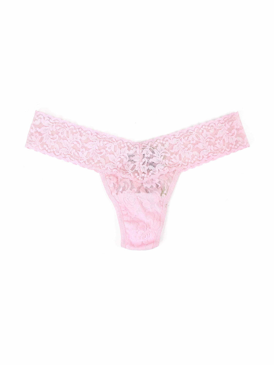 Bliss Pink Signature Lace® Low Rise Thong - Flat Lay, Floral Stretch Lace Detail, Women's Pink Lace Thong | Hanky Panky