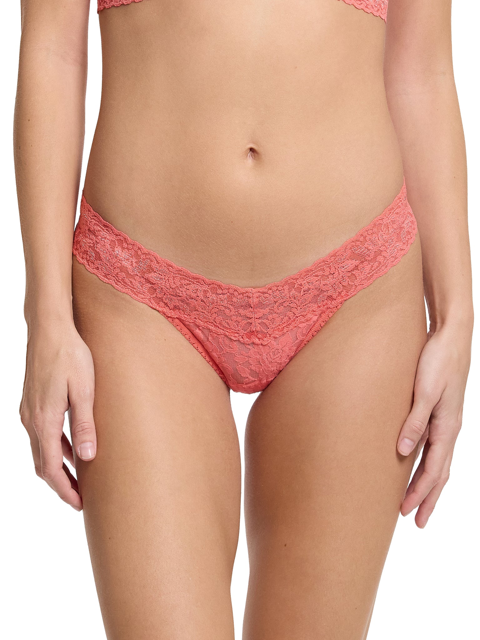 Courageous Coral Signature Lace® Low Rise Thong - Front View On Model | Hanky Panky