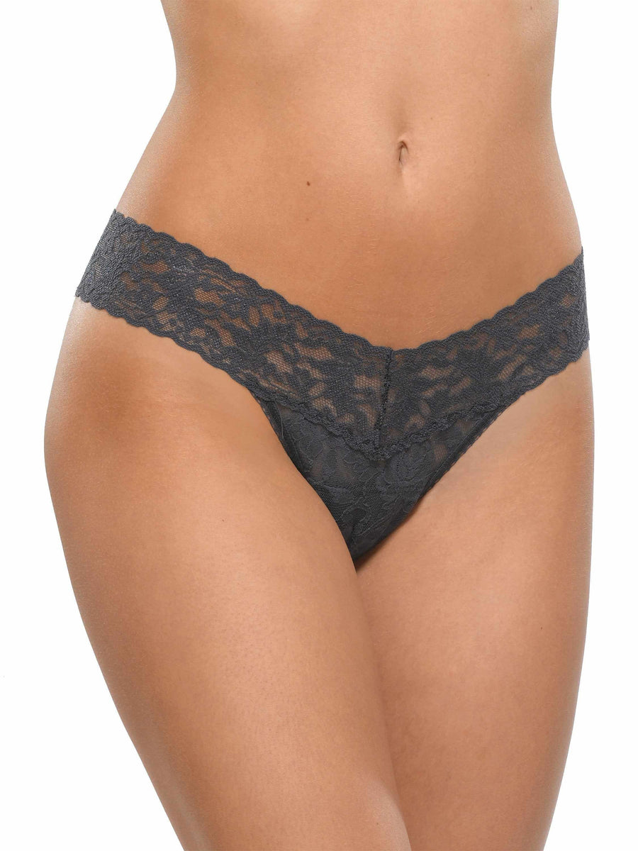 Granite Grey Signature Lace Low Rise Thong - Front On Model | Hanky Panky