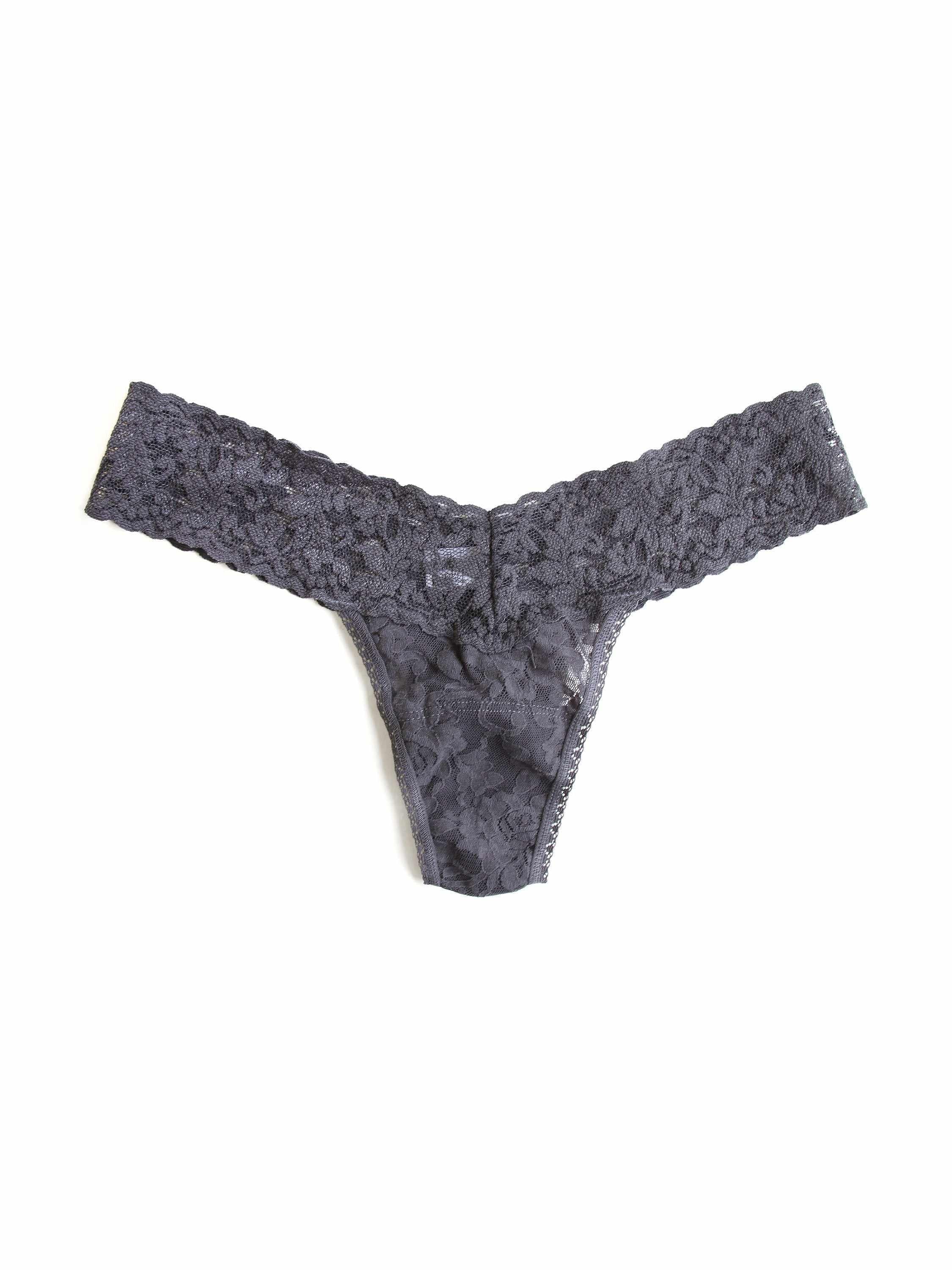 Granite Grey Signature Lace Low Rise Thong - Flat Lay Front Detail | Hanky Panky